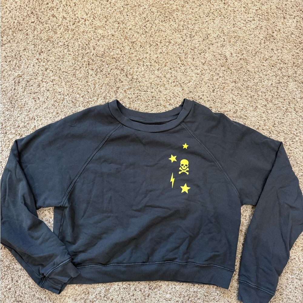 SoulCycle Cropped Charcoal Sweatshirt with Neon Yellow Skull and Stars